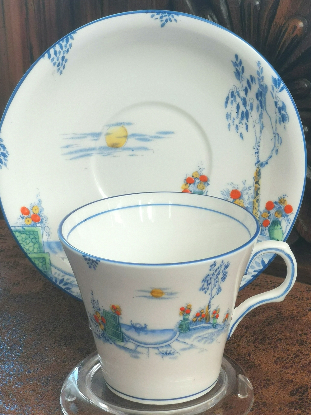Melba Bone China Blue & White Scene Of Boating Under Moonlight TeaCup and Saucer